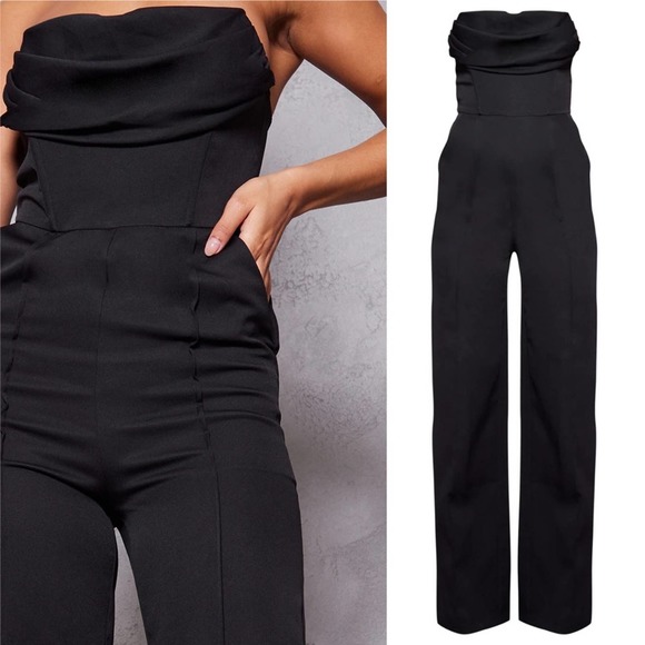 PrettyLittleThing Black Bandeau Cowl Neck Pocket Detail Jumpsuit - Picture 3 of 11